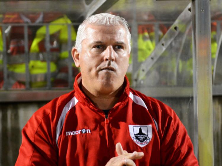 Longford Town manager Tony Cousins pictured during the Athlone Town game on Saturday night last at the Athlone Town Stadium in the final round of the League of Ireland First Division. PHOTO: RAY DONLON
