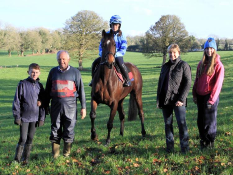 Launching this weekend's point-to-point race meeting were Adam Karney, Adrian Murray, jockey Ann Burns on 'Tearaway Queen', Linda Gallagher, and Aisling McGreal from Corbeagh House. Photo: Michelle Ghee. www.gphotos.ie