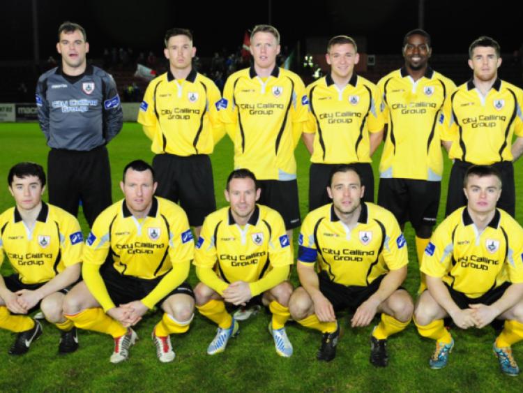 The Longford Town team that started against Shelbourne in the SSE Airtricity League First Division game at City Calling Stadium on Saturday night last.  Back row (l to r): Chris Bennion, Glenn O'Connor, Peter Hynes, Rhys Gorman, Don Cowan and David O'Sullivan. Front row (l to r); Jamie Mulhall, Pat Flynn, Pat Sullivan, Stephen Rice and Lorcan Shannon. Photo: Declan Gilmore