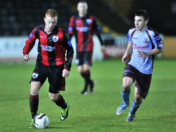 Ryan Connolly on the attack for Longford Town against Mervue United during the League of Ireland First Division play-off on Friday evening of last week at City Calling Stadium. Photo: Ray Donlon