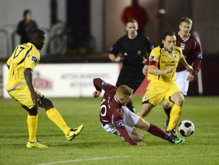 Stephen Rice on the ball for Longford Town against Galway FC. Action from the SSE Airtricity League First Division game at Eamon Deacy Park on Friday night last. Photo: Declan Gilmore