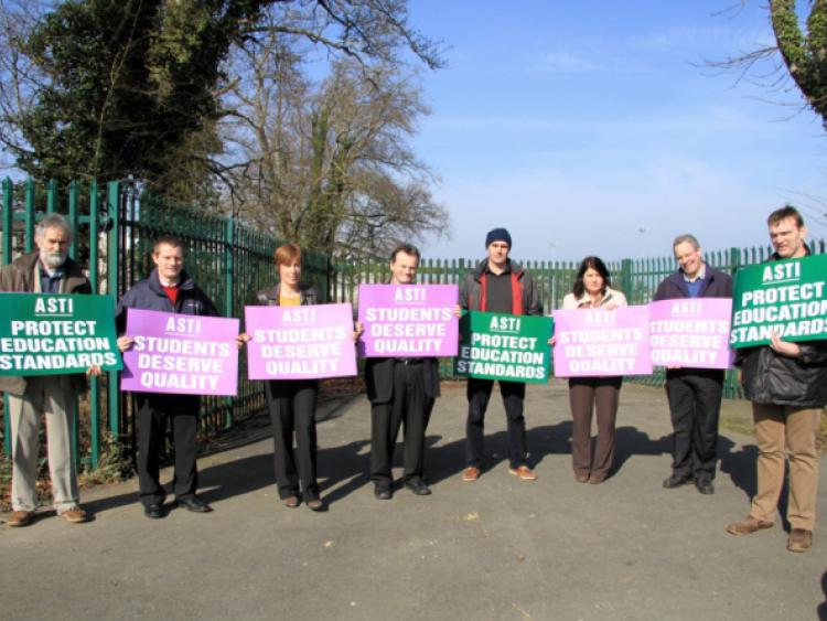 Staff at St Mel's College in Longford pictured protesting the proposed changes to the Junior Cert. Photo: Michelle Ghee. www.gphotos.ie