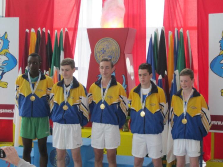 Longfords U-14 Boys Mixed Distance Relay squad of Nelvin Konadu, Conor Blessington, Adam Kelly, Karl McNerney and Cian McPhillips, pictured with their gold medals after their magnificent triumph at the HSE Community Games National Finals in AIT on Saturday.