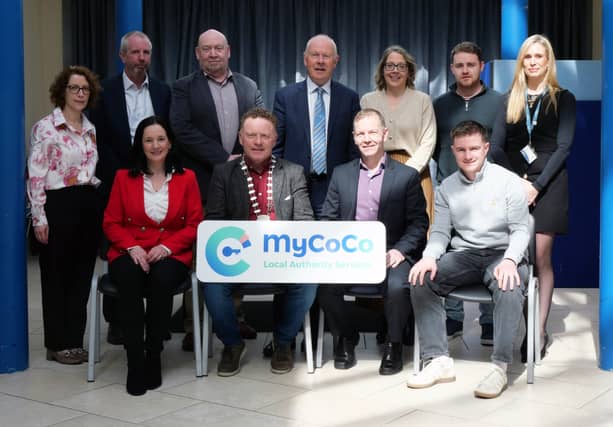 Longford County Council staff and management pictured with Cathaoirleach Cllr Garry Murtagh at the launch of rent payment app, MyCoCo