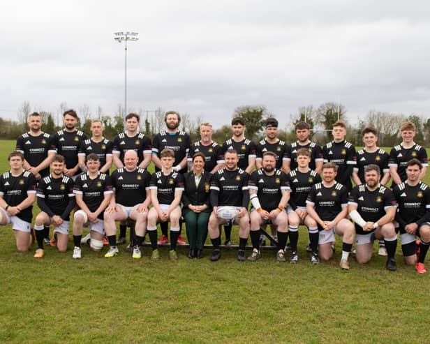 The Longford squad pictured with the Club President Karen Lennon before the Provincial Towns Cup semi-final against Athy at Cill Dara RFC on Saturday last Photo: Gary Nolan