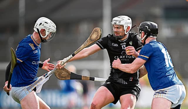 Longford players James Connelll (left) and Cathal Mullane in a tussle with Sligo opponent Gerard O’Kelly Lynch. Action from th NHL Division 4 final at Markievicz Park Photo: Seb Daly/Sportsfile