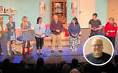 Playwright Jimmy Keary on stage in the Corn Mill Theatre with some of the cast of  'One Wife Too Many’ by The Corn Mill Theatre Group