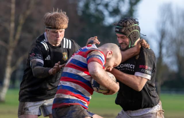 Man of the match Mark McHugh and Fred Davis make a double tackle during Longford's emphatic win over North Kildare