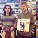 Left: Denniston's staff member Lorcan Taylor and owner Samuel Champ. Top right: vinyl from Marys Meals shop. Bottom right: vinyl from Dennistons