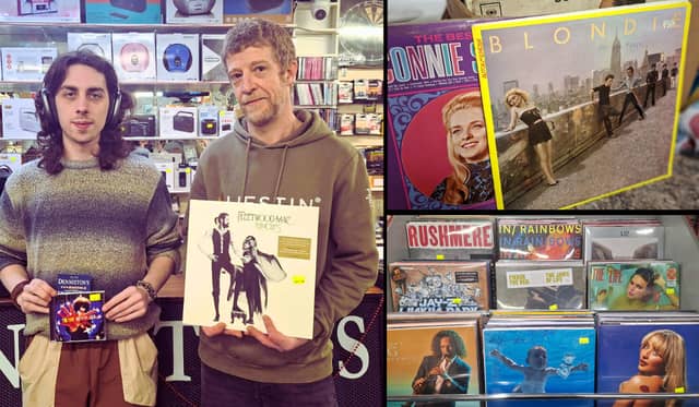 Left: Denniston's staff member Lorcan Taylor and owner Samuel Champ. Top right: vinyl from Marys Meals shop. Bottom right: vinyl from Dennistons
