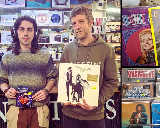 Left: Denniston's staff member Lorcan Taylor and owner Samuel Champ. Top right: vinyl from Marys Meals shop. Bottom right: vinyl from Dennistons