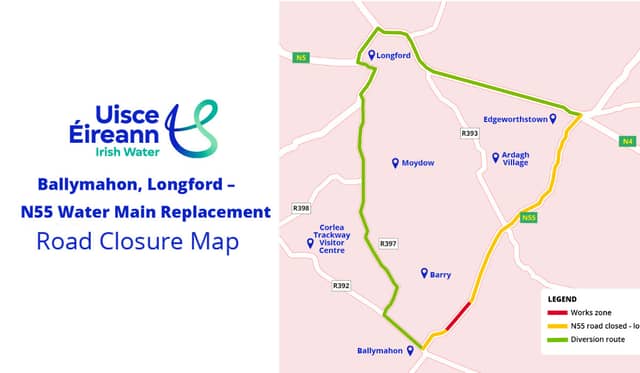 N55 map legend: Red = Section where works are being carried out. Yellow = Road closed. Green = diversion route.