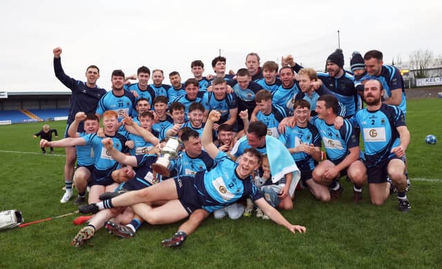The jubilant Longford Slashers hurlers pictured following their win over Wolfe Tones in the Senior Championship final replay on Saturday Photo: Syl Healy