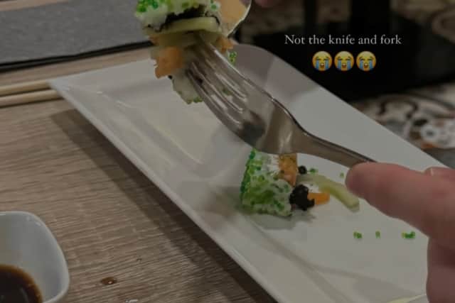 The Ballina man was caught eating sushi in an unusual way and Olympian Sharlene snapped him and posted the pic to her 274,000 Instagram followers saying "not the knife and fork". Breen will have to brush up on his chopstick skills.