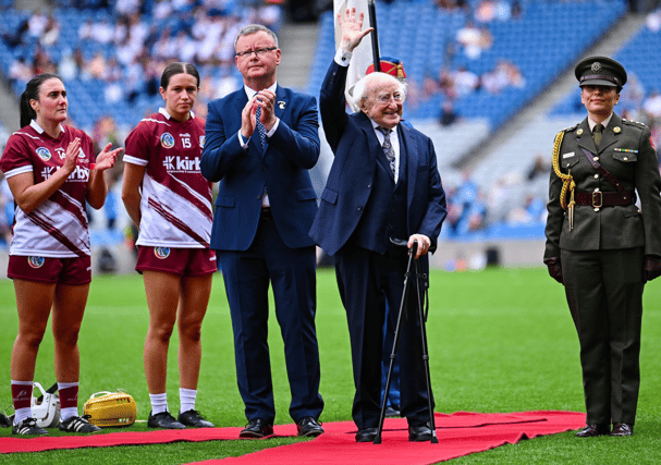 Longford and Lanesboro native Brian Molloy, Camogie Association President, with President Michael D Higgins on his last official visit to Croke Park while in office Pic: Piaras Ó Mídheach/Sportsfile