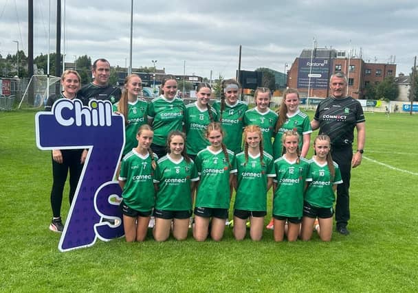 Clonguish U15 Girls and their management team who were crowned CHILL Ladies Football U15 All-Ireland Club 7’s Champions on Saturday in Kilmacud Crokes