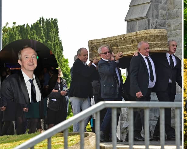 Shane Filan, of Westlife, was among the many in Church of the Holy Family, Kiltimagh, for the funeral of Maureen Walsh, mother of Irish music mogul Louis Walsh(inset). Pic: Conor McKeown