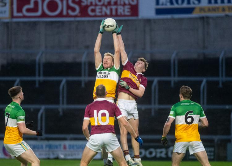 Conor Keenan battling for the ball in this aerial tussle while the other Fr Manning Gaels player in the picture is David Collum (No 10). Action from the Leinster Club Round 1 game against Crettyard
