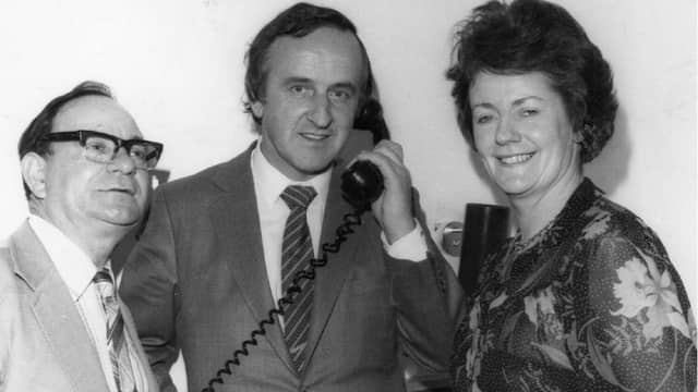 Albert Reynolds, the then-Minister for Posts and Telegraphs, pictured with Mary O'Rourke, then a member of Athlone UDC and Westmeath County Council, and Cllr Stephen Price