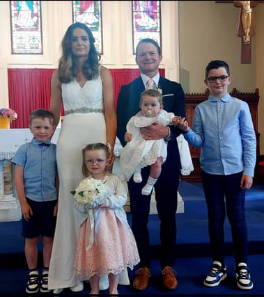 Stephen and Catriona are pictured with their children Ryan, Joshua, Amelia-Lily and Gracie