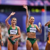 Team Ireland relay team after qualifiying for the final in the women's 4 x 400m relay at the Stade de France during the 2024 Paris Summer Olympic Game. Photo: Sam Barnes/Sportsfile