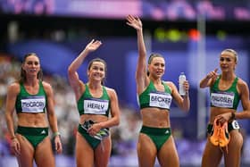 Team Ireland relay team after qualifiying for the final in the women's 4 x 400m relay at the Stade de France during the 2024 Paris Summer Olympic Game. Photo: Sam Barnes/Sportsfile