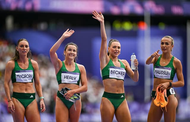 Team Ireland relay team after qualifiying for the final in the women's 4 x 400m relay at the Stade de France during the 2024 Paris Summer Olympic Game. Photo: Sam Barnes/Sportsfile