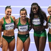 The Team Ireland relay team after the women's 4 x 400m relay final at the Stade de France during the 2024 Paris Summer Olympic Games. Photo: Brendan Moran/Sportsfile
