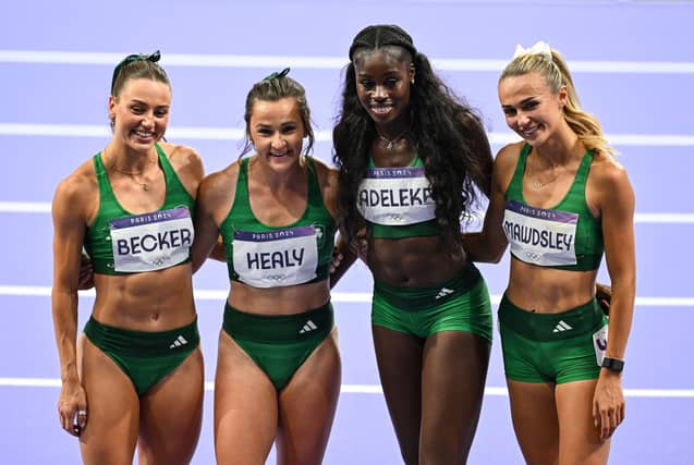 The Team Ireland relay team after the women's 4 x 400m relay final at the Stade de France during the 2024 Paris Summer Olympic Games. Photo: Brendan Moran/Sportsfile
