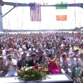 Crowds gathered at Bath Iron Works in Maine following the christening of the USS Patrick Gallagher