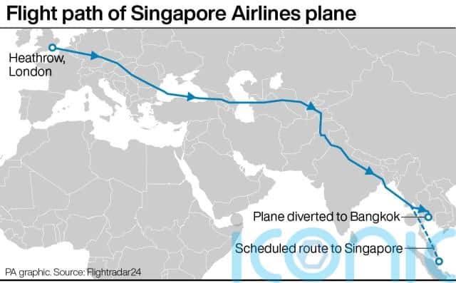 A spokesman for Bangkok’s Suvarnabhumi Airport, where the flight was diverted to, said a 73-year-old man who died on the flight suffered a suspected heart attack.