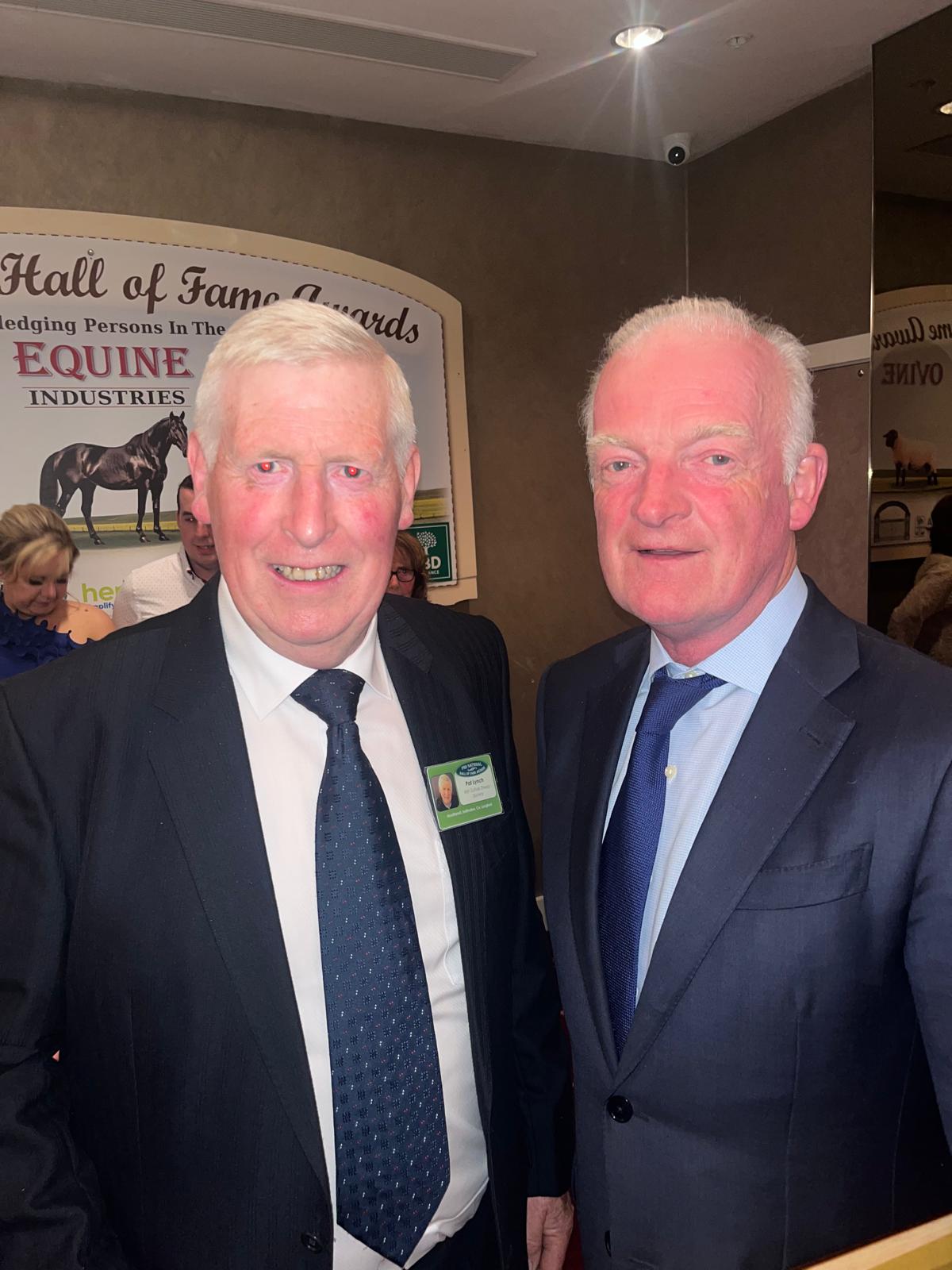 Longford's Pat Lynch (left) with Willie Mullins the recipient of the National Hall  of Fame Lifetime Achievement Award for 2024