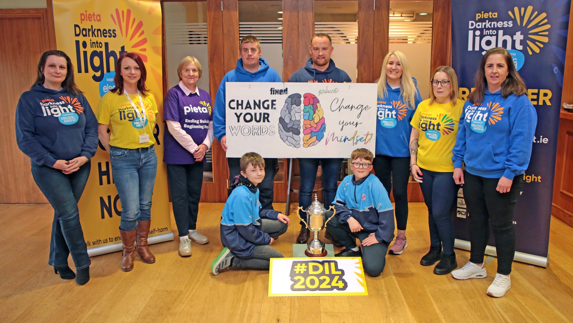 Francesca Pawelczyk, Urma Joyce, Christine Tracey, James Quinn, Tom Delaney, Janice Burke, Sarah Jermyn and Karen Lennon, with Fabian Luca and Joseph Dent at the county launch for Darkness Into Light