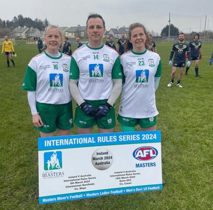 Longfordians Michelle Hannify Mulvey, Jamsie Martin and Michelle Ross Bohan who were in action for Ireland against Australia in the first test of the Ladies and Mens Masters Football International