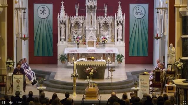 Fr Shane Costello (left) speaking at the funeral of Matthew Mullahy (Pic: Church TV)