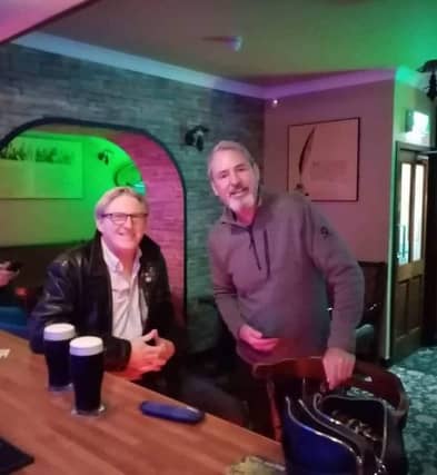 Adrian Dunbar and Neil Morrissey enjoying pints of Guinness in Edgeworthstown's The Goldsmith Inn
