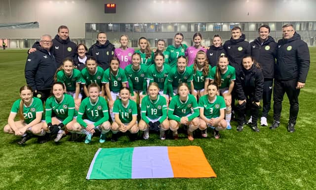 Pictured in the front row (left) is Michaela Hand (no. 20) with the Republic of Ireland U-16 Women's soccer squad who played a couple of friendly fixtures against Scotland in Edinburgh