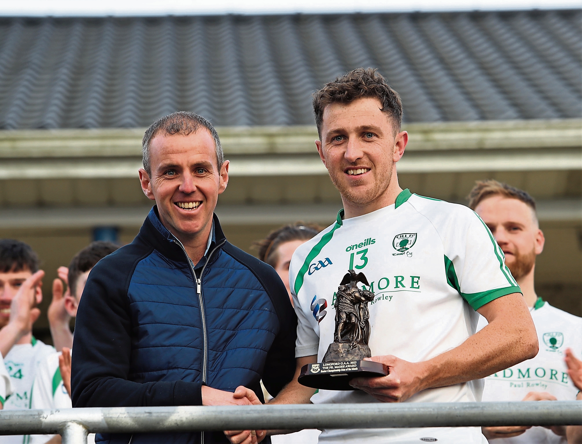 David Hanley, on behalf of the SFC main sponsors Peter Hanley Motors, presenting the man of the match trophy to Killoe forward Daniel Mimnagh Photo: Syl Healy