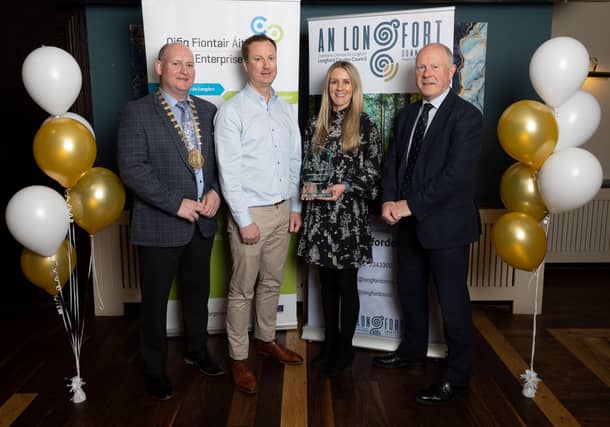 Longford County Council Cathaoirleach Cllr Turlough McGovern; Aidan Brady and Angela Brady, and Longford County Council Chief Executive Paddy Mahon Picture: Clare Frances Cassells