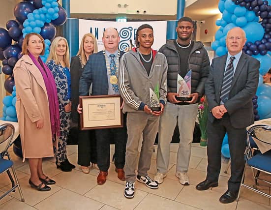 Joshua Osabuehien and Solomon Eduard, from Cnoc Mhuire Granard, who, after being crowned the Junk Kouture 'World Designer of the Year' winners 2022 in Abu Dhabi were honoured at a civic reception
