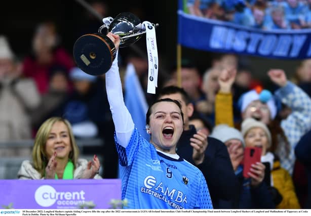 Longford Slashers captain Aisling Cosgrove lifts the cup after the 2022 currentaccount.ie LGFA All-Ireland Intermediate Club Football Championship Final Photo by Ben McShane/Sportsfile