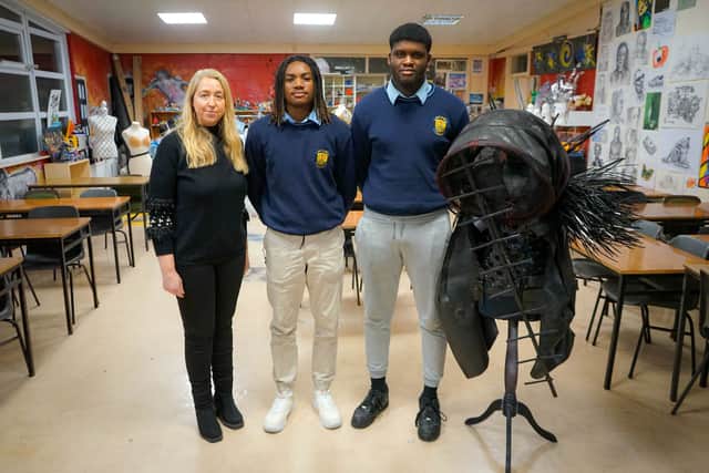 Solomon and Joshua's design is called ‘Back to the Future’ and it is made from old shower mats, an old laundry basket, an aerial, car wipers and tubing from an old tractor tyre.