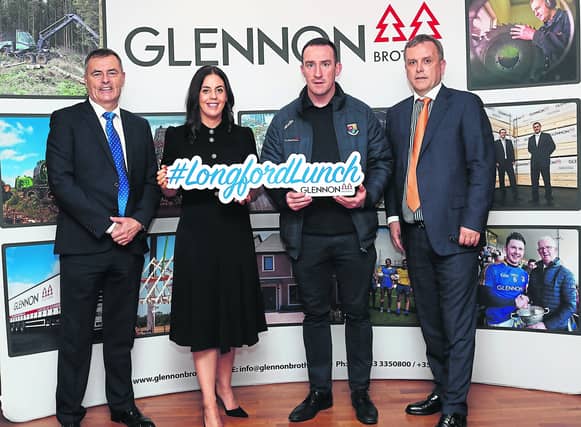 Pat Glennon, RTE's Sinead Hussey, Longford senior football manager Paddy Christie and Mike Glennon pictured at the recent Longford Lunch in Croke Park Photo: Syl Healy