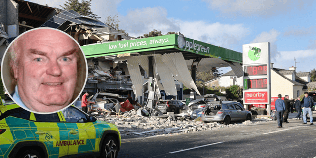 The scene of the explosion in Creeslough and (inset) Brian Dolan.
