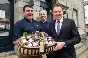 Minister for Agriculture, Food and the Marine Charlie McConalogue TD,  at the launch of the Summer of Food initiative in Monaghan with Val O’Kelly, left, from Subh Fraoc Bán and Adamson’s bar, Clones