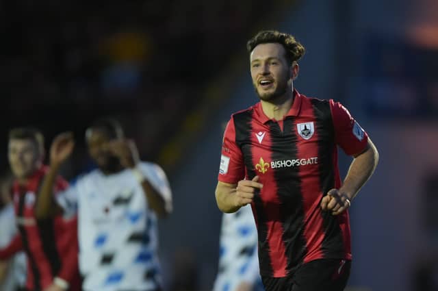 A delighted Michael Barker after scoring Longford Town's second goal in Saturday's victory over Athlone Town Picture: Ken Keenan