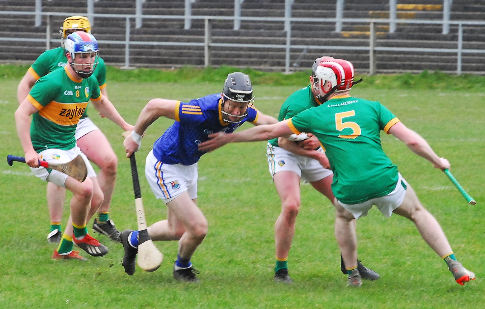 Longford's Joe O'Brien tries to escape the attention of four Leitrim defenders  Picture: Willie Donnellan