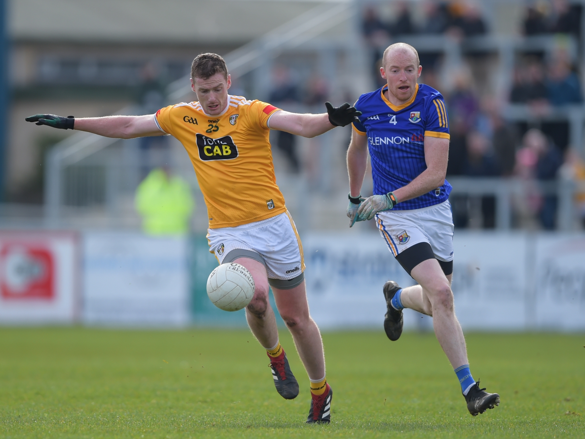 Barry O'Farrell pictured in action for Longford against Antrim in the National Football League Division 3 clash at Corrigan Park in Belfast on Saturday last Photo: Ken Keenan