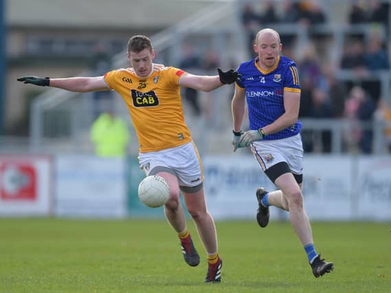 Barry O'Farrell pictured in action for Longford against Antrim in the National Football League Division 3 clash at Corrigan Park in Belfast on Saturday last Photo: Ken Keenan