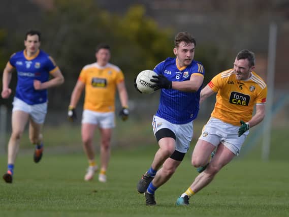PJ Masterson on the break for Longford against Antrim. Action from the National Football League Division 3 clash at Corrigan Park in Belfast on Saturday last Photo: Ken Keenan
